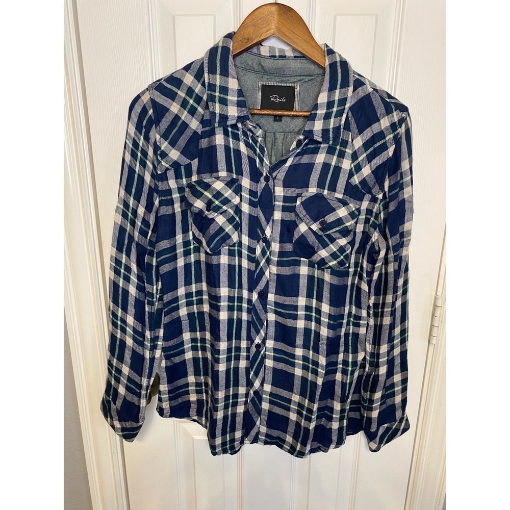 Rails Button Down Shirt  Women‎ Size Small Plaid Blue Green White Long Sleeve